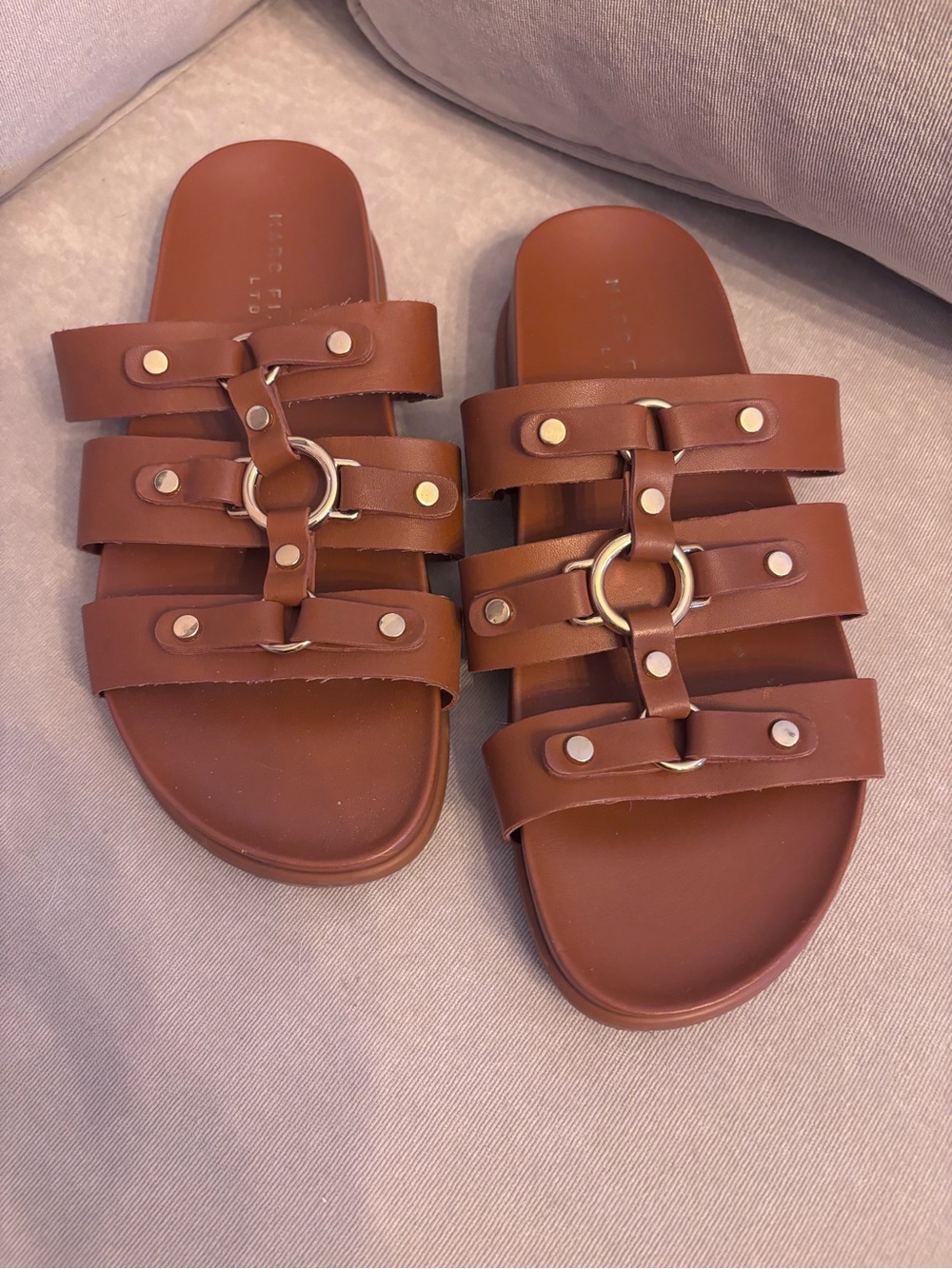 Marc Fisher Brown Triple-Strap Slide Sandals with Gold Ring